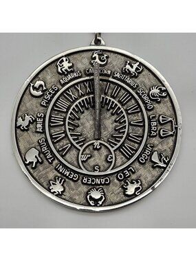 Vintage Tortolani Silvertone Zodiac Sundial Pendant Necklace Large Brutalist MCM